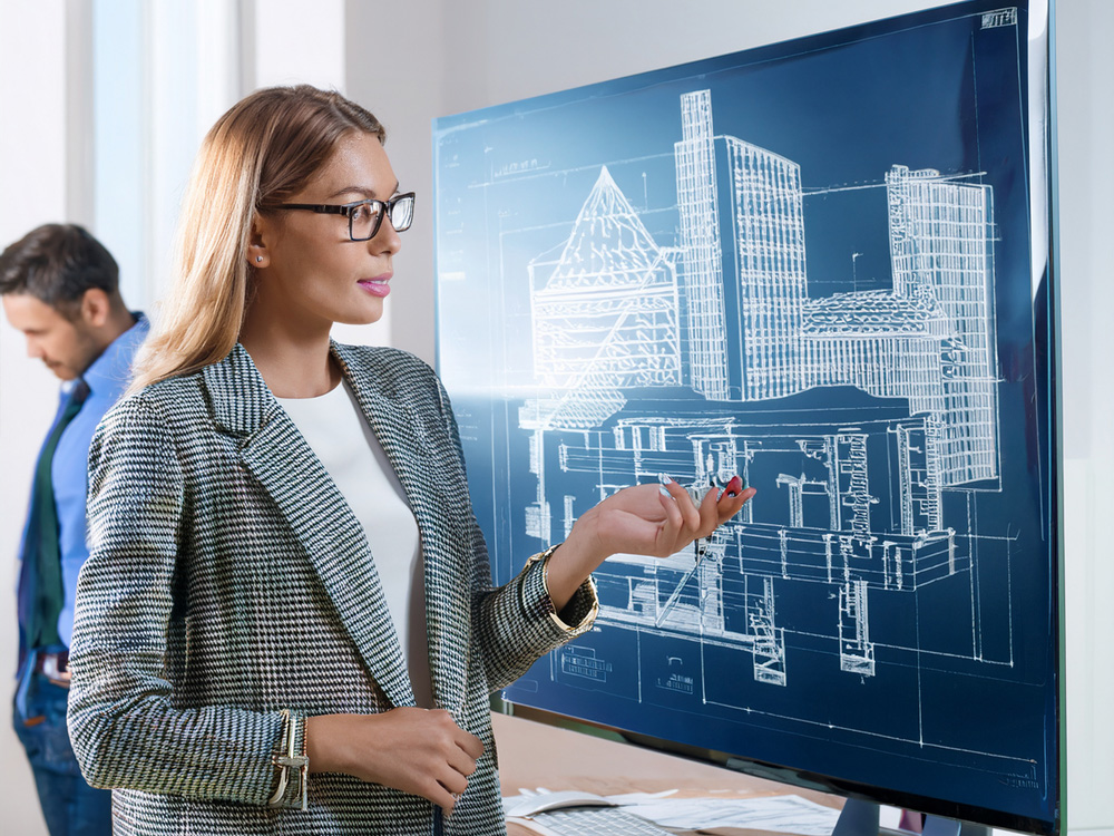 Architektin vor Bauplan im Genehmigungsverfahren
